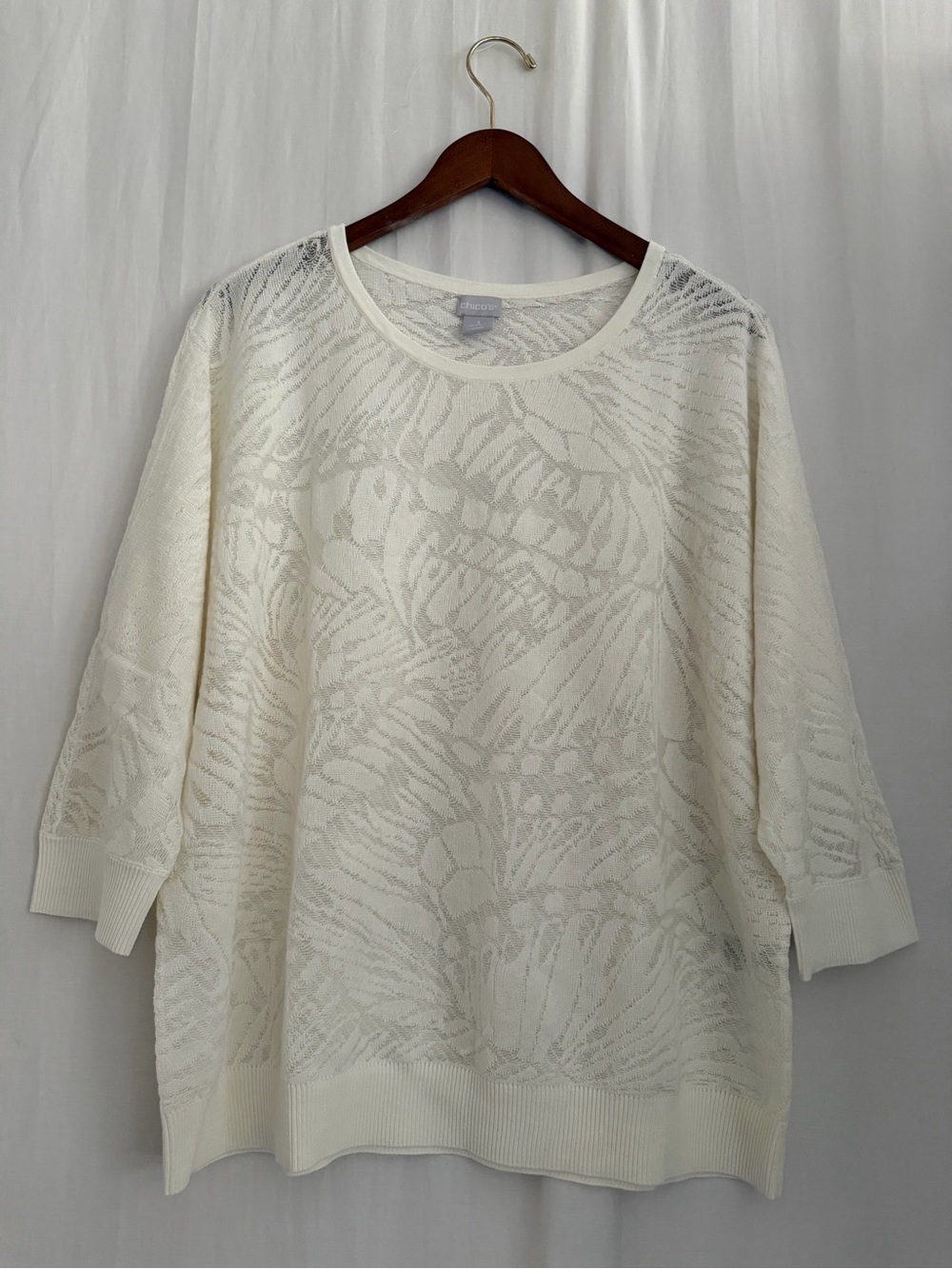 NWOT Chico's Textured Weave Sheer Sweater Top 3/4 Sleeves - Ivory - 3 (XL)